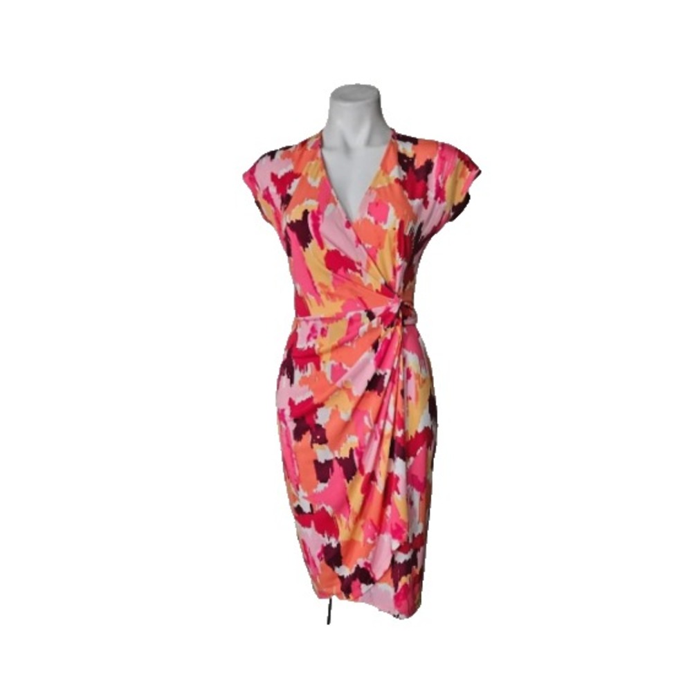 Maggy London Midi Wrap Dress Multicolor Abstract Pleaded Cocktail Coastal 8